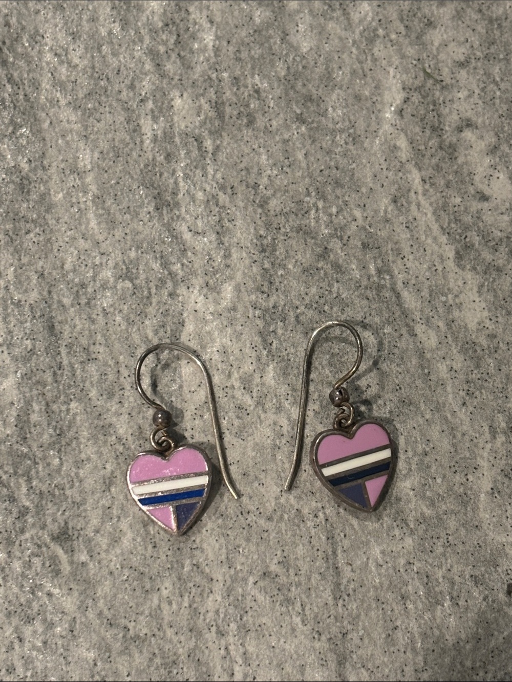 Vintage 1960s Pink Heart Striped Enamel Dangle Earrings for Women Fine Jewelry
